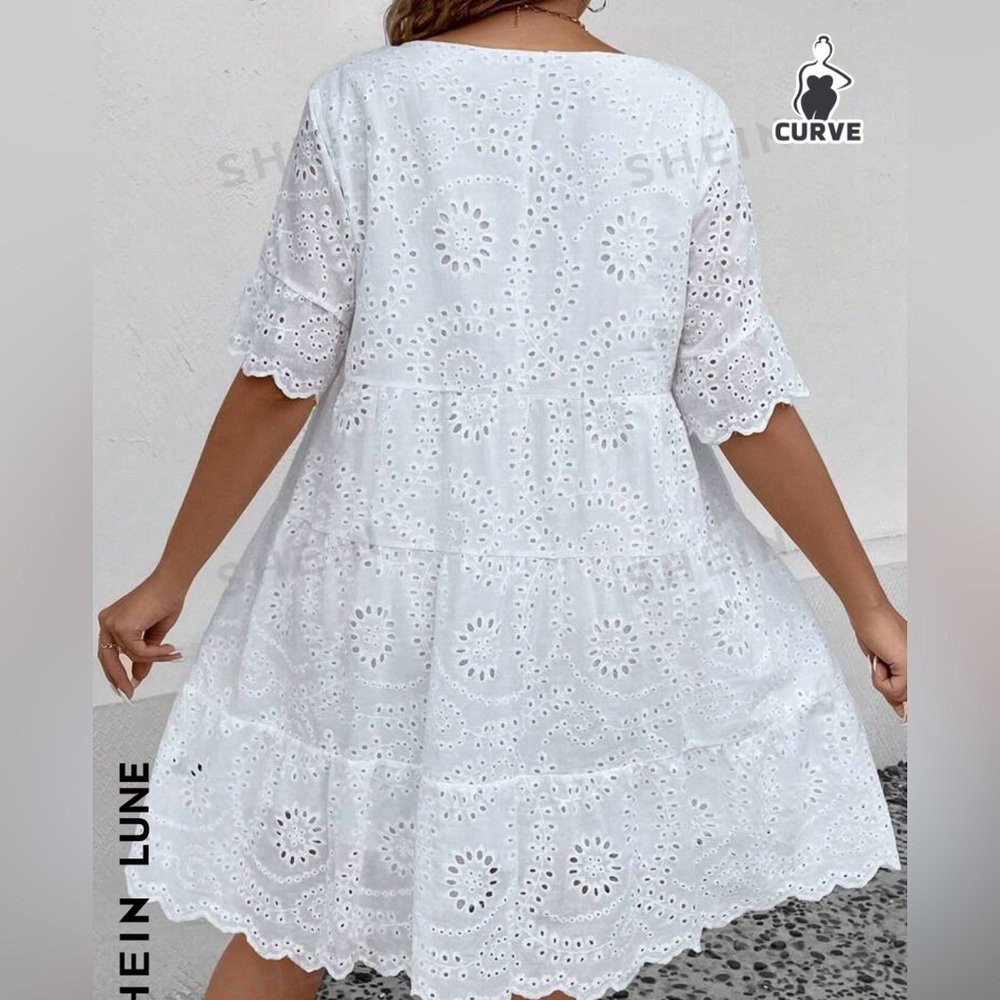 SHEIN LUNE Plus Eyelet Embroidery Ruffle Hem Smock Dress - Picture 2 of 10